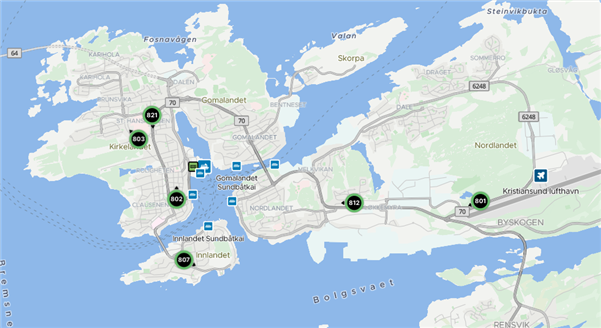 Skjermbilete av sanntidskartet over Kristiansund og Frei